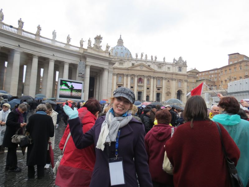 Michelle Hough waiting for the white smoke that hails a new Pope in St Peter's Square.